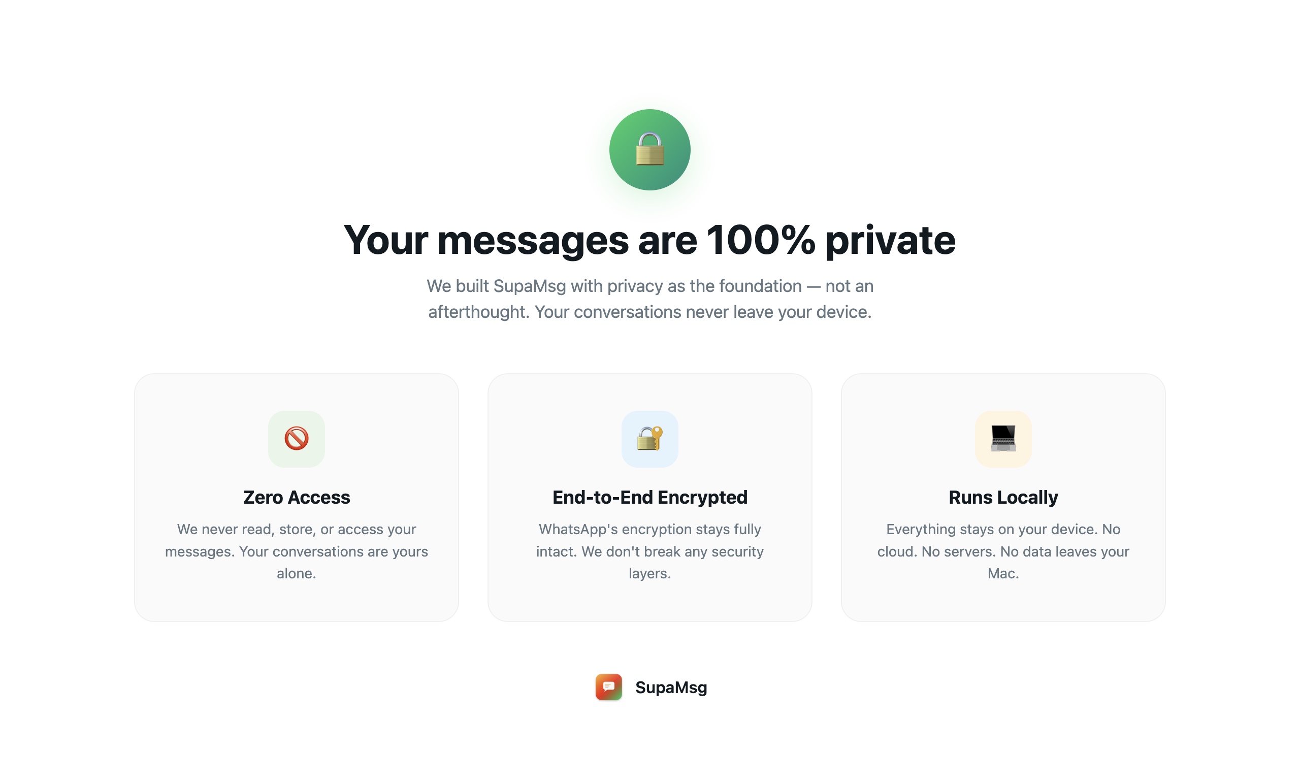 SupaMsg privacy dashboard showing zero-access encryption