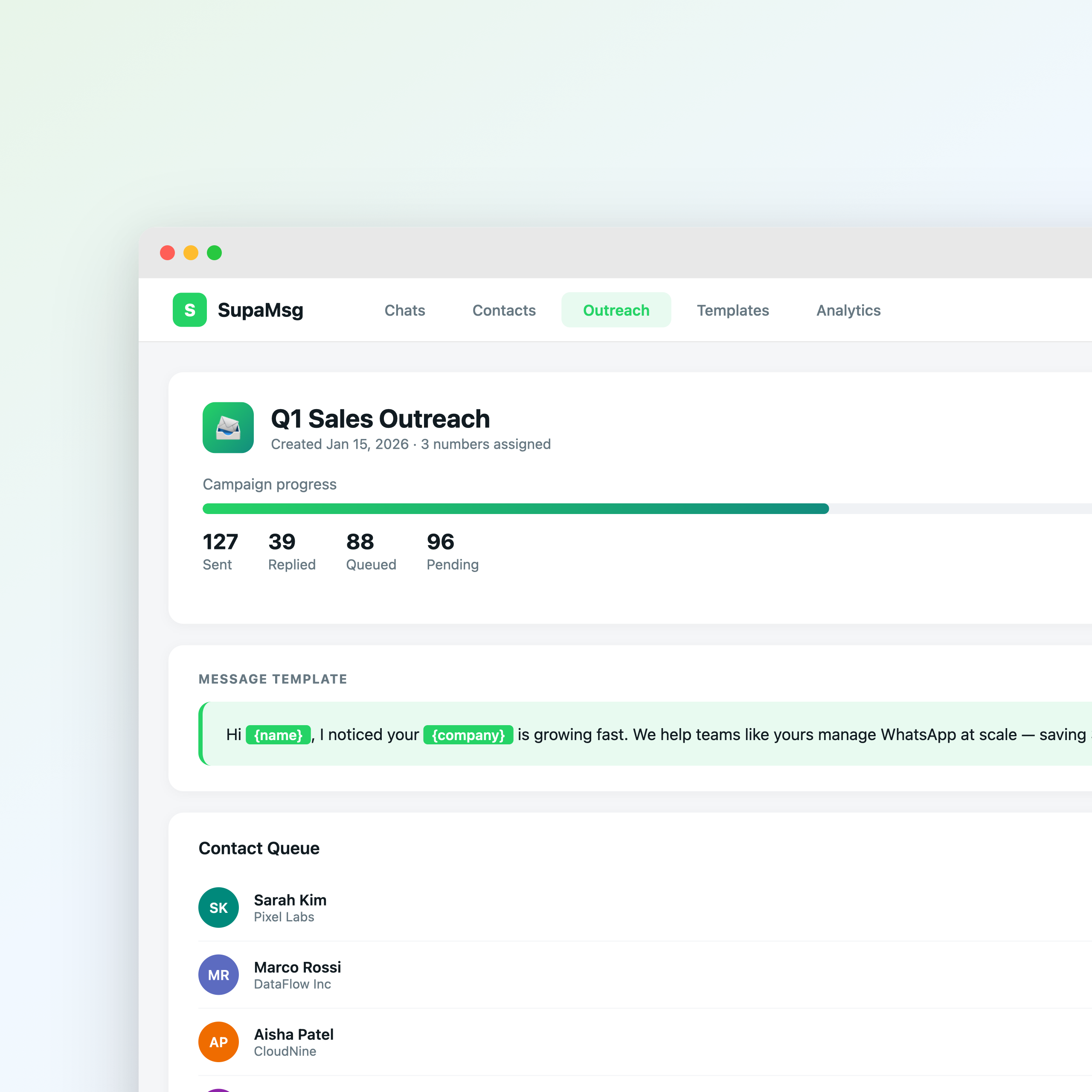 Smart Outreach dashboard with number health scores and campaign progress